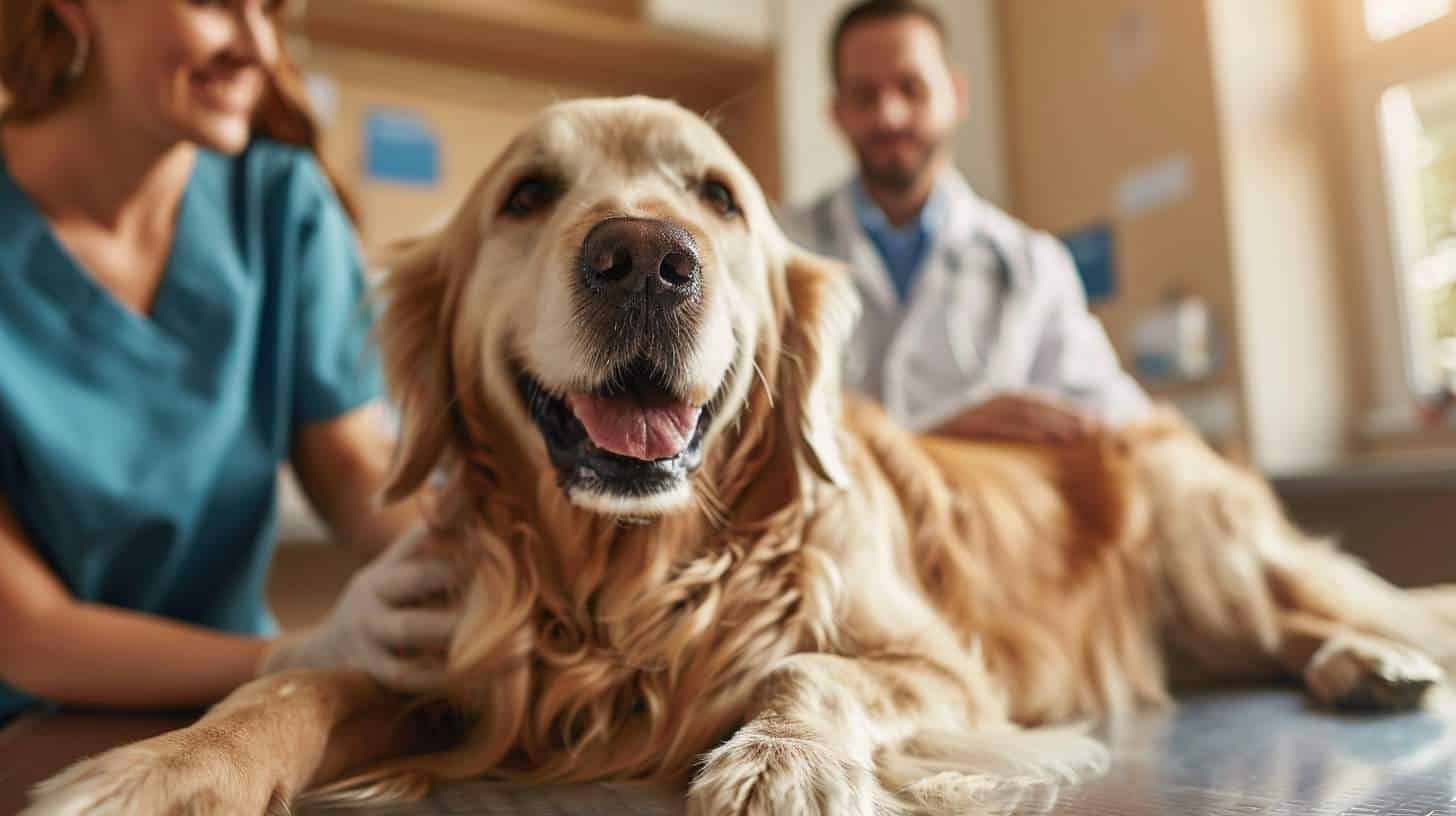 pet insurance - dog at veterinary examination with owner