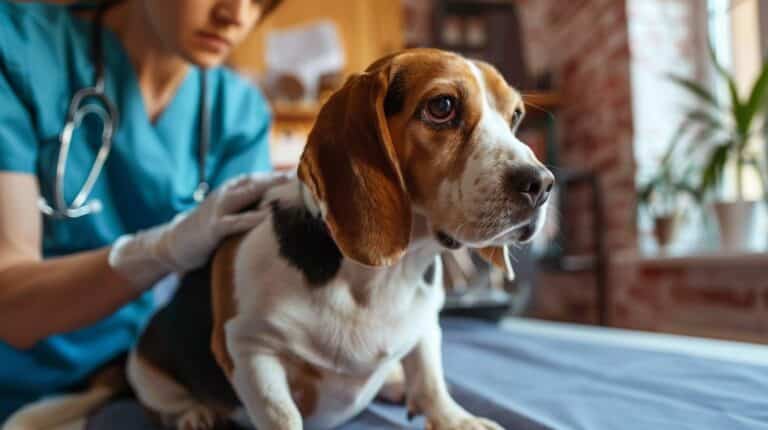 is my dog overweight - vet checking body condition score of beagle