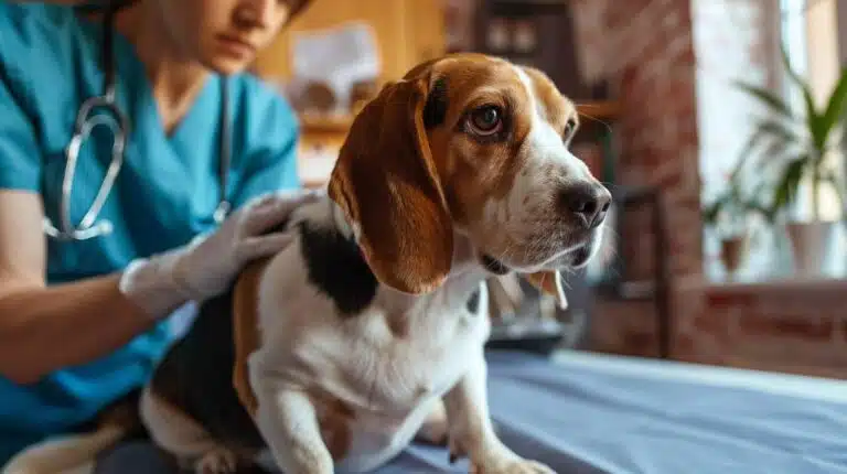 is my dog overweight - vet checking body condition score of beagle