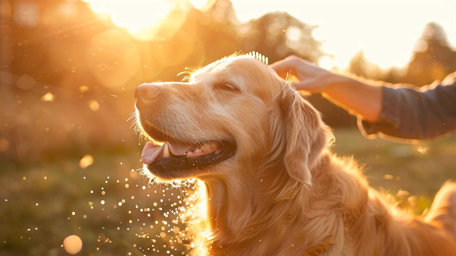 dog shedding - golden retriever being deshedded with brush, loose fur visible