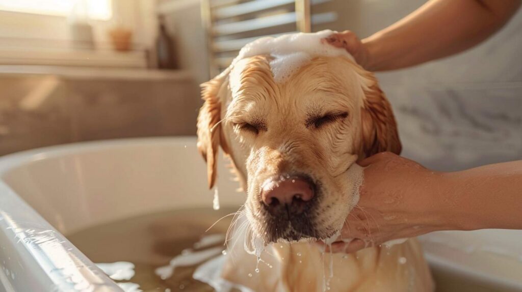 dog bath to reduce shedding - labrador being washed with deshedding shampoo