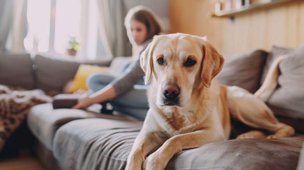 managing dog hair at home - using lint roller on sofa to remove pet hair