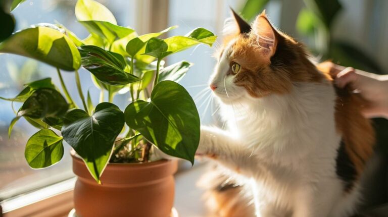 calico cat beside toxic pothos plant on windowsill toxic plants for cats safety guide