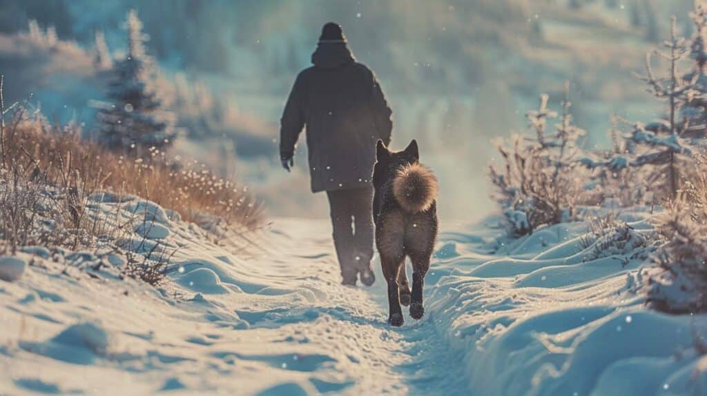 akita hiking snowy mountain trail owner cold climate exercise powerful working breed