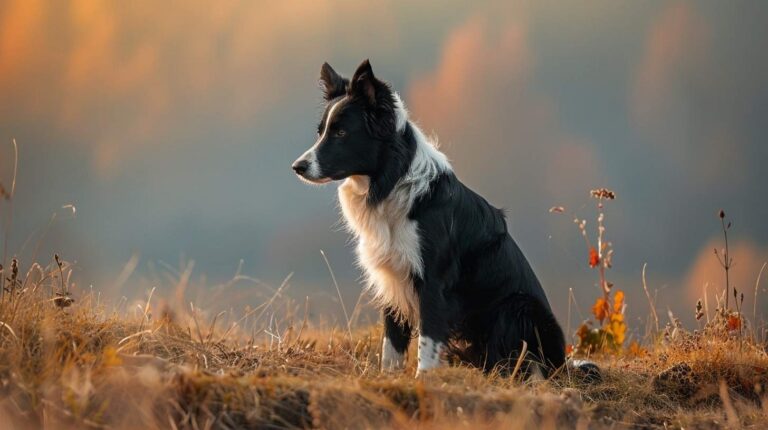 border collie breed guide herding crouch position hillside black white intense gaze