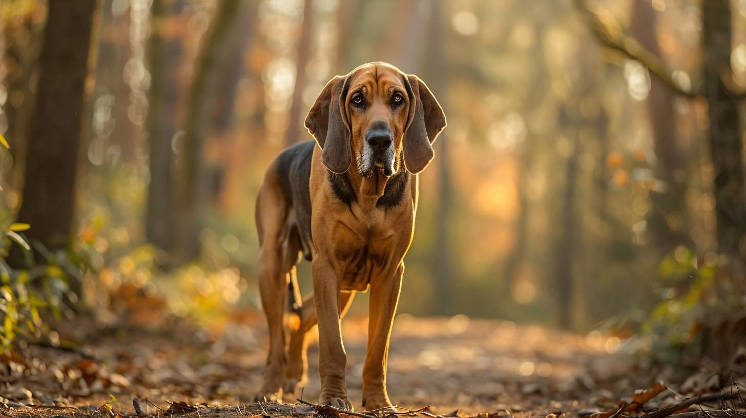 bloodhound breed guide tracking nose ground forest trail loose wrinkled skin pendulous ears portrait