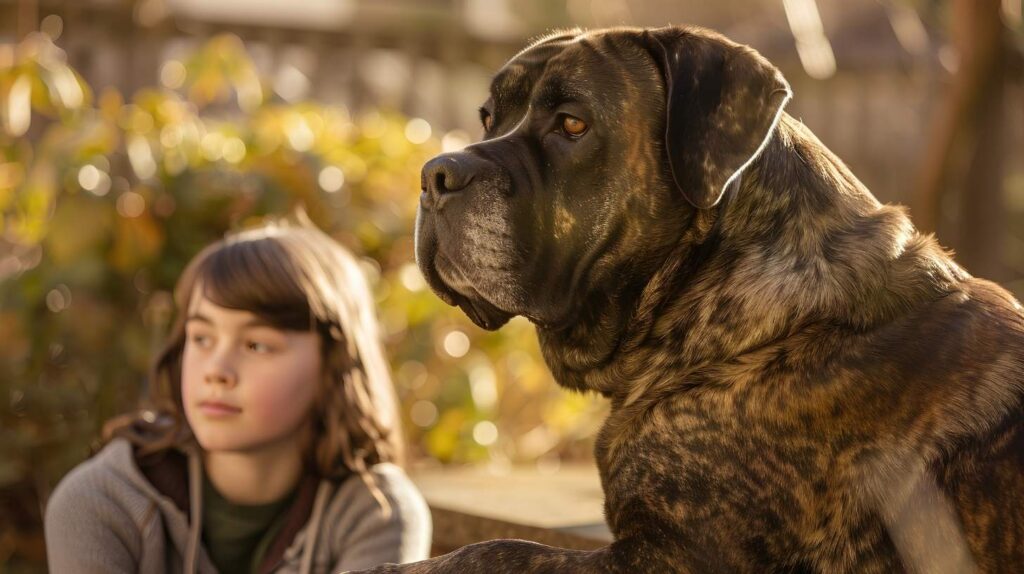 bullmastiff family teenager garden steps gentle devoted calm brindle breed companion protective