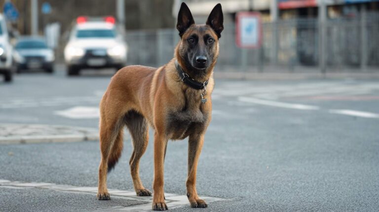 belgian malinois breed guide police K9 handler working stance fawn coat black mask intense