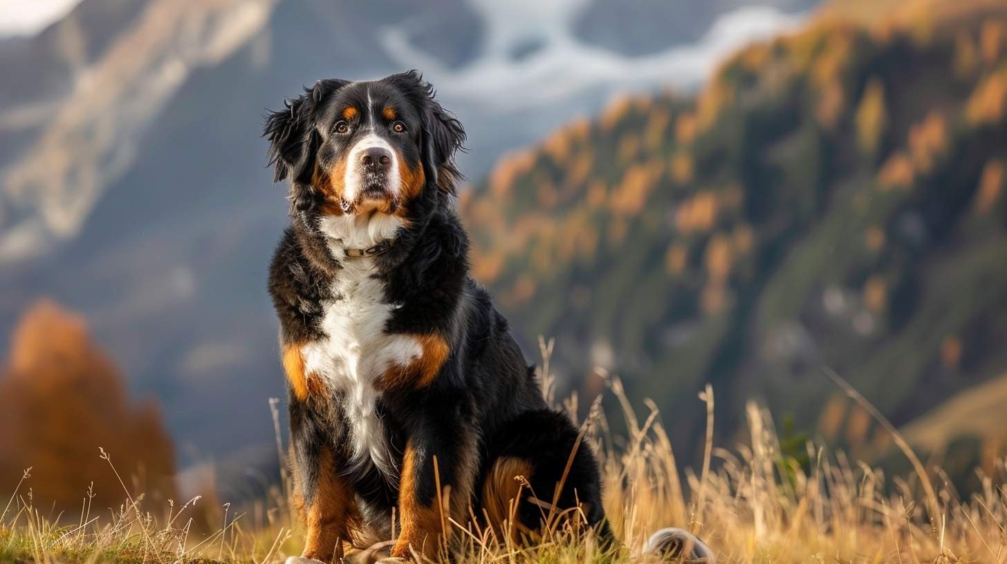 bernese mountain dog breed guide tricolor portrait alpine meadow mountains Switzerland