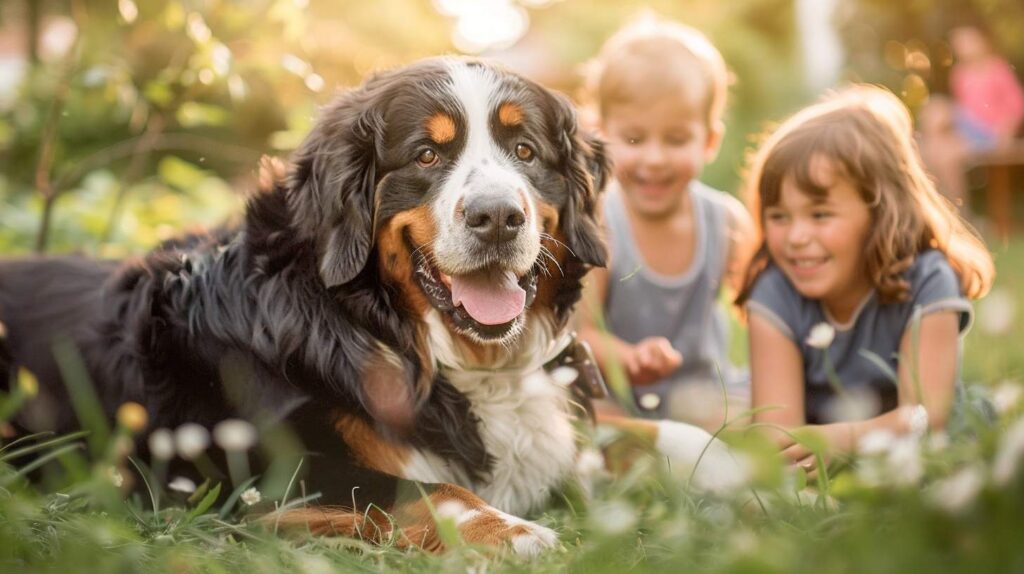 bernese mountain dog children family gentle giant patient calm garden summer