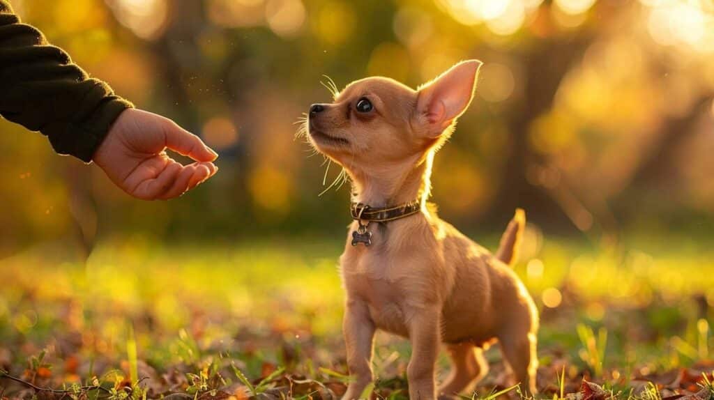 chihuahua puppy socialization ground level confident sniffing positive interaction park