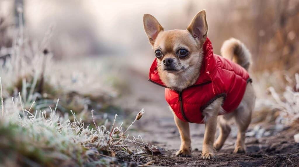 chihuahua dog coat winter cold sensitivity small breed long coat red jacket walk