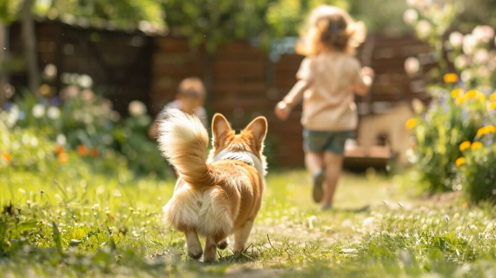 pembroke welsh corgi family children garden running happy breed personality