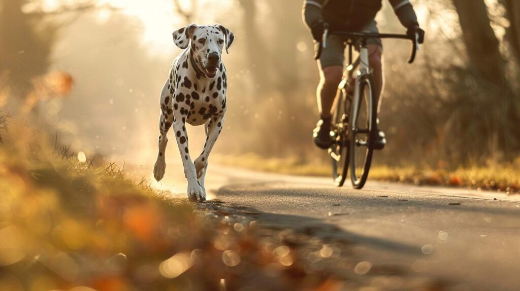 dalmatian running cyclist country road athletic stride morning light endurance breed exercise