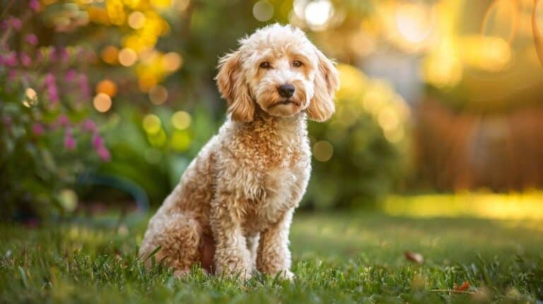 goldendoodle breed guide cream apricot fleece coat portrait sunny garden warm eyes