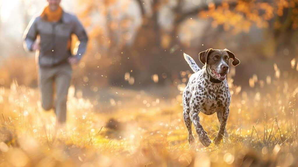 german shorthaired pointer running field owner exercise athletic stride morning sporting breed