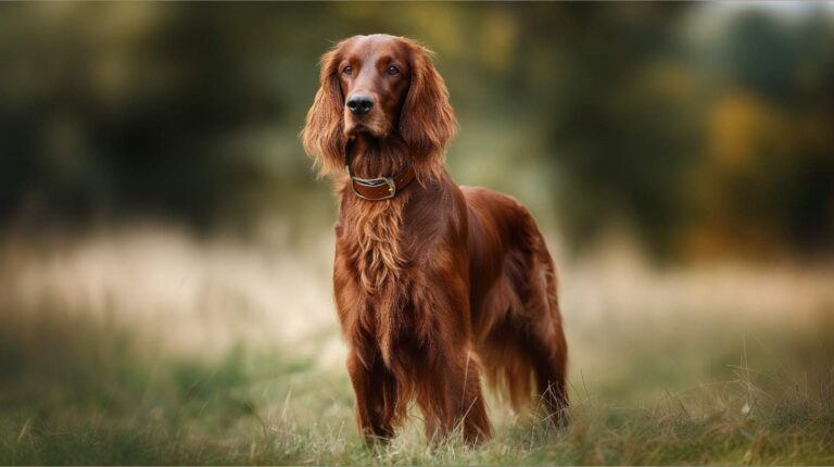 irish setter breed guide mahogany silky coat Irish countryside meadow golden hour elegant portrait