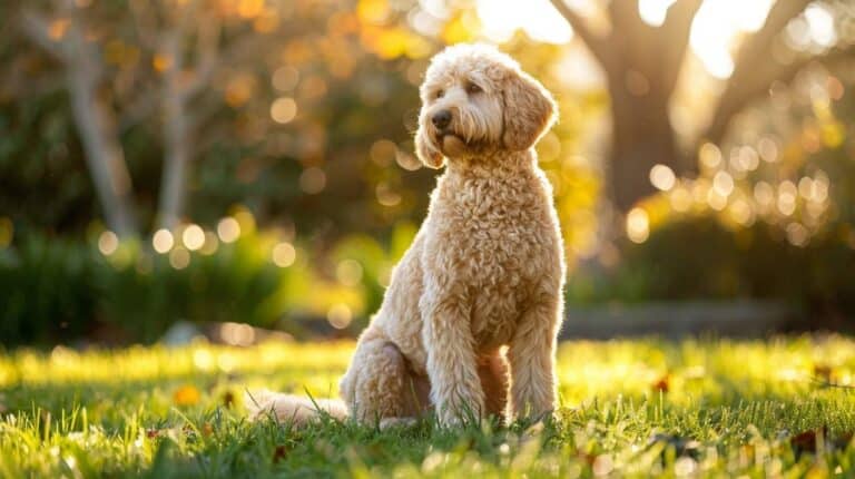 labradoodle breed guide golden fleece coat portrait sunny garden friendly expression