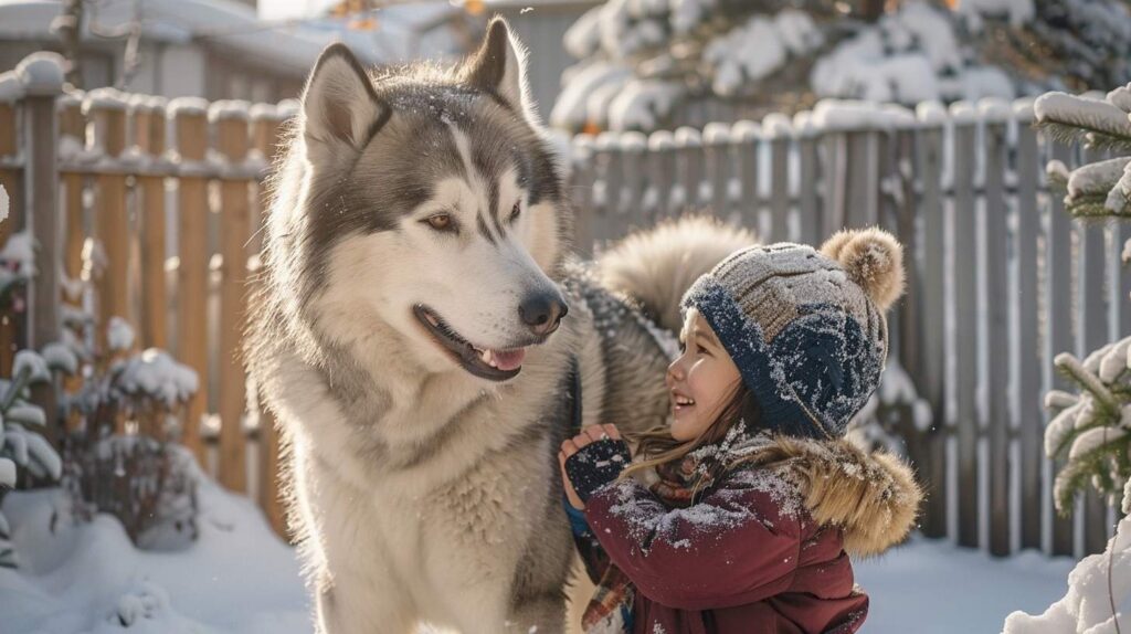 alaskan malamute children family snowy backyard gentle playful giant breed winter