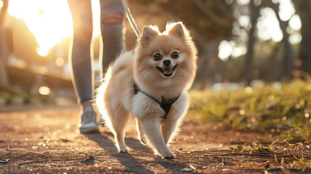 pomeranian harness city park walk exercise cream coat confident urban breed