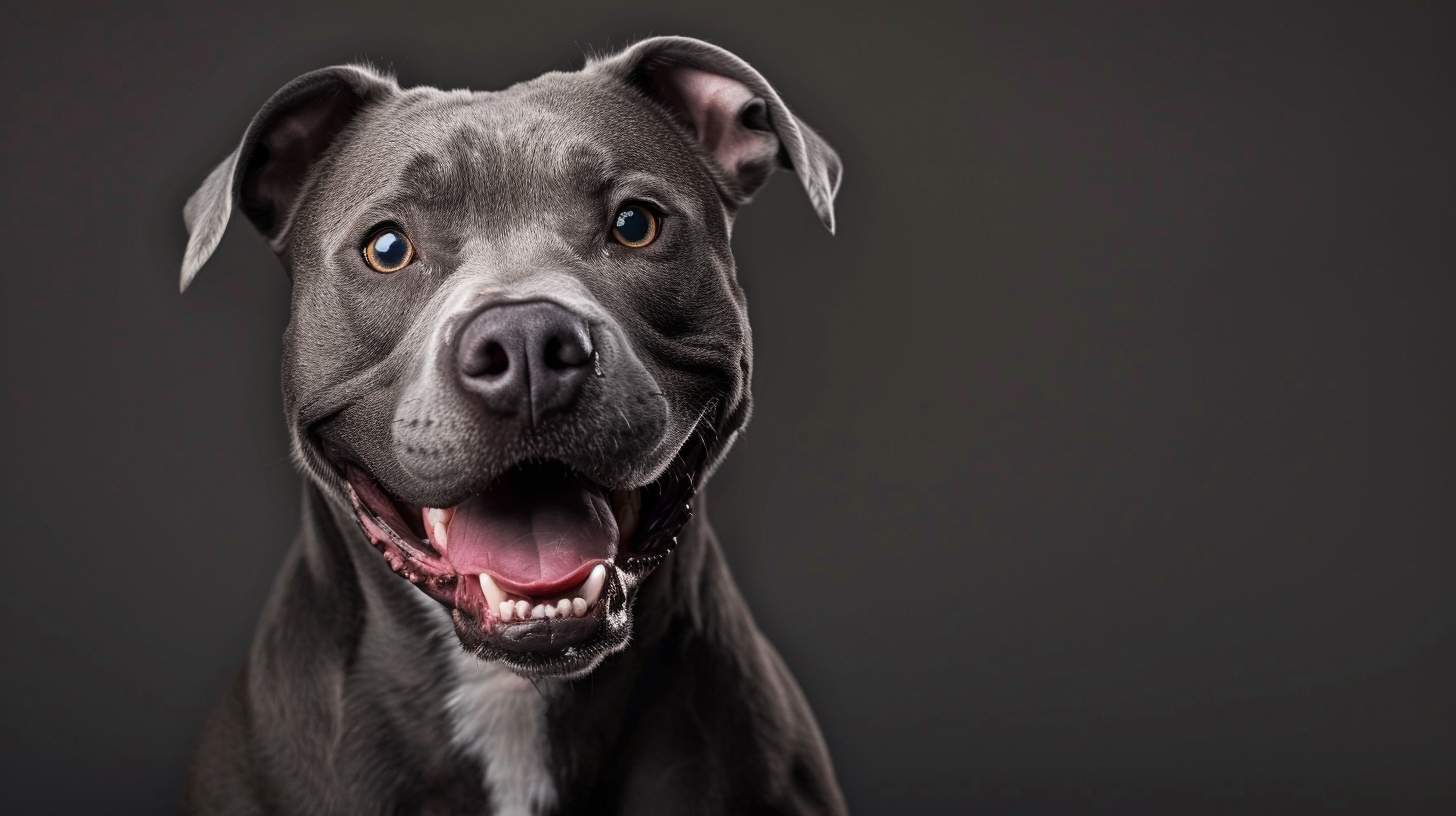 pitbull american pit bull terrier blue grey portrait confident friendly muscular studio