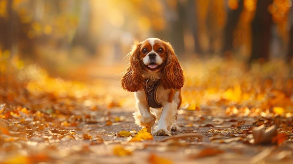 cavalier king charles spaniel walk autumn park harness ruby color exercise breed