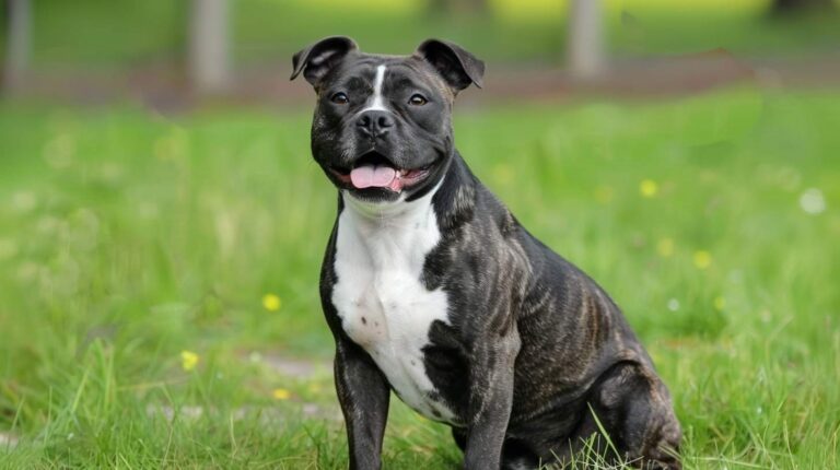 staffordshire bull terrier breed guide brindle white portrait compact muscular park happy smile