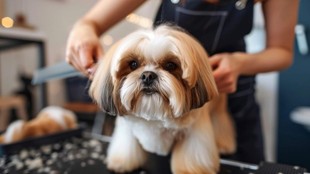 shih tzu professional grooming silky long coat salon brushing small breed