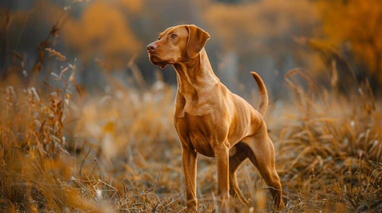 vizsla breed guide golden rust coat field pointing stance autumn grassland amber eyes athletic