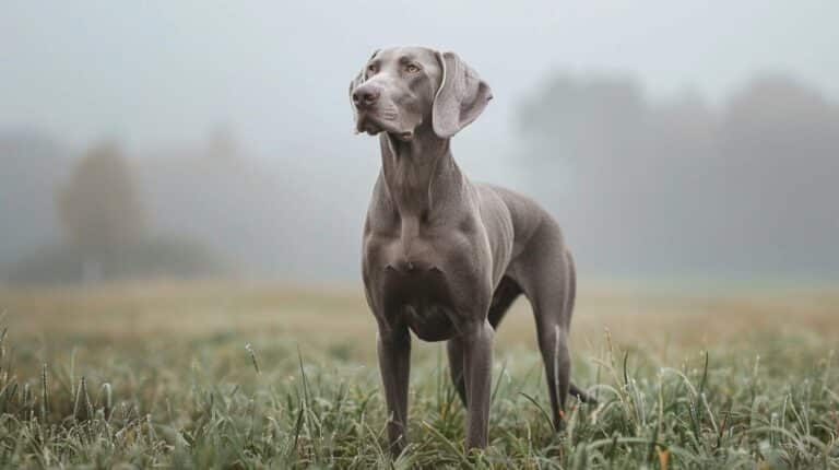 weimaraner breed guide silver grey metallic coat amber eyes field morning mist athletic portrait