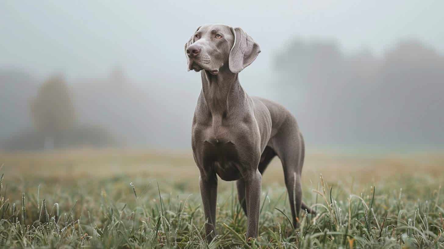 weimaraner breed guide silver grey metallic coat amber eyes field morning mist athletic portrait