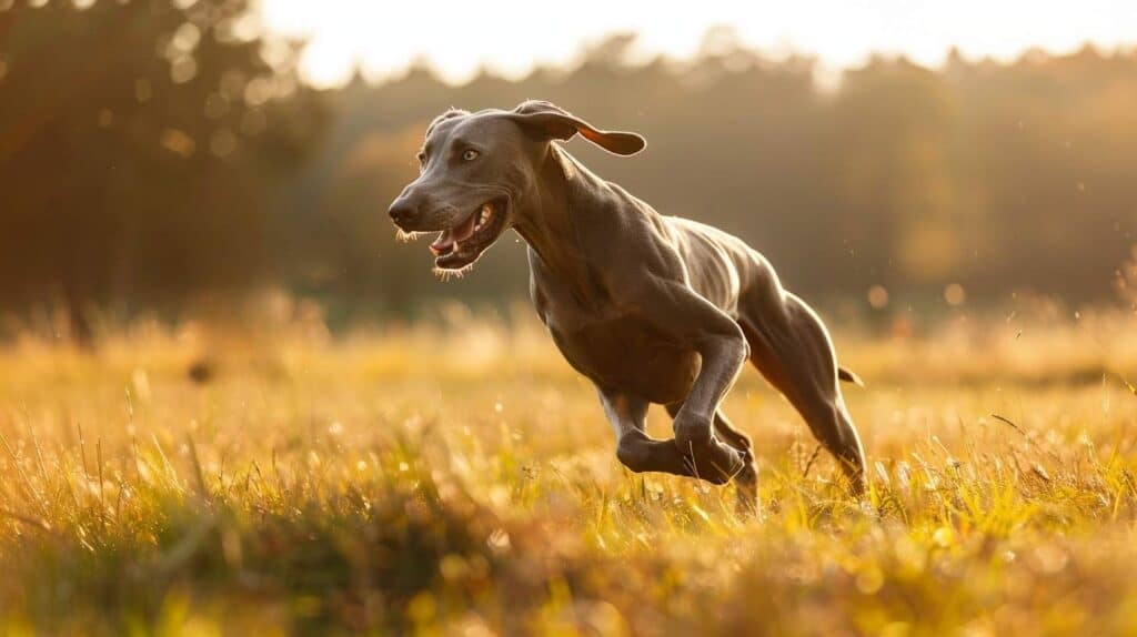 weimaraner running field hunter sporting dog athletic stride full speed exercise breed
