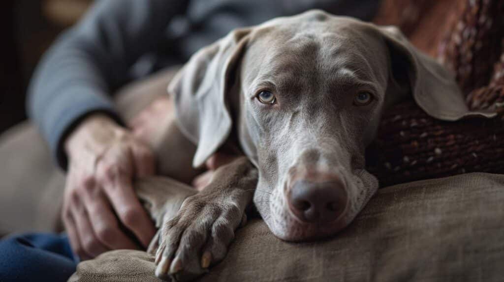 weimaraner velcro dog owner sofa close contact separation anxiety loyalty companion breed